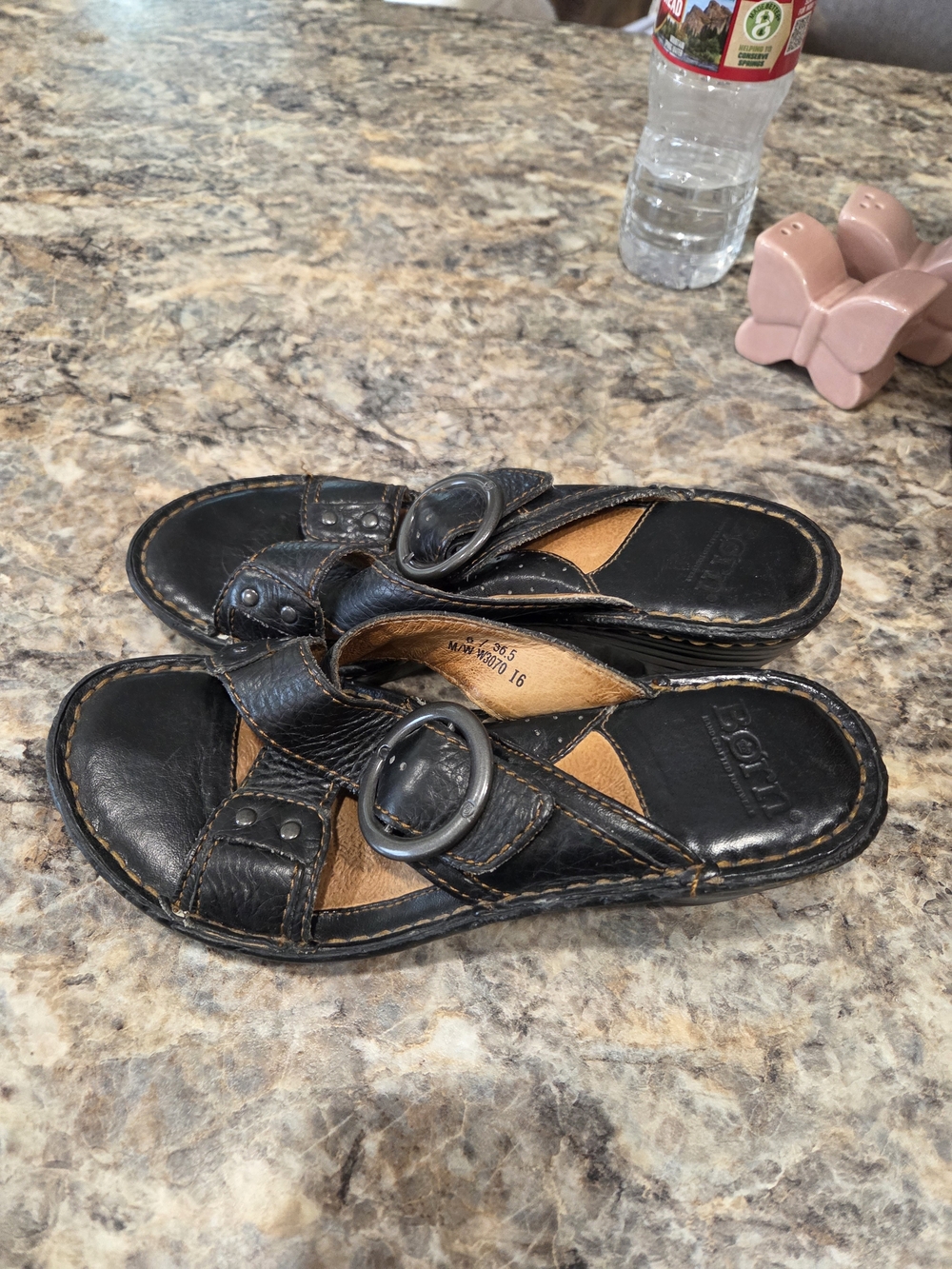 Born Black Leather Slide Sandals with Buckle